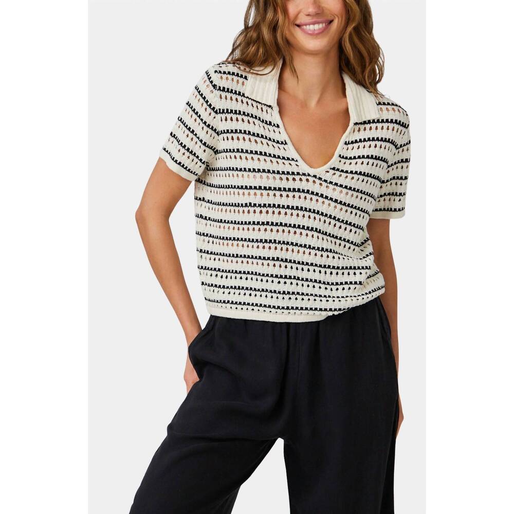 NEW BELLA DAHL collared popover sweater in ivory black stripe